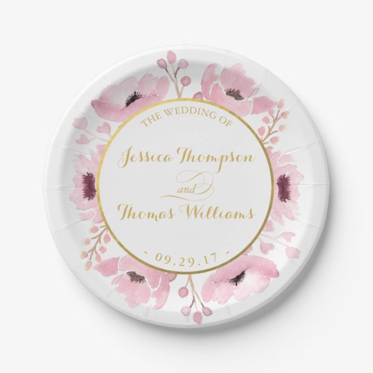 Spring Pinks Waterverf Floral Wedding Collectie Papieren Bordje (Voorkant)