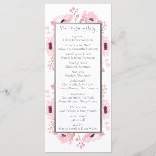 Spring Pinks Waterverf Floral Wedding Collectie Programmakaart (Achterkant)
