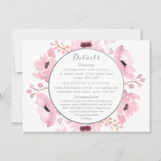 Spring Pinks Waterverf Floral Wedding Details Kaart (Voorkant)
