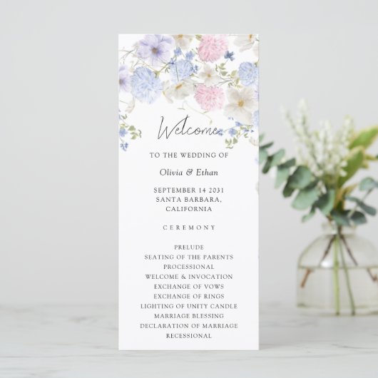 Spring Purple And Pink Wildflowers Wedding Program (Staand voorkant)