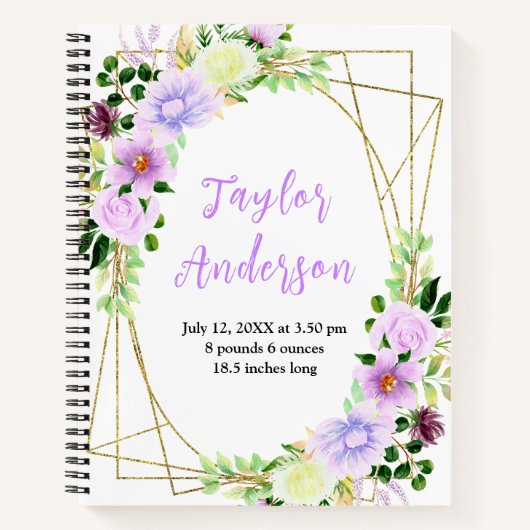 Spring Purple Floral Baby Birth Stats Notitieboek (Voorkant)
