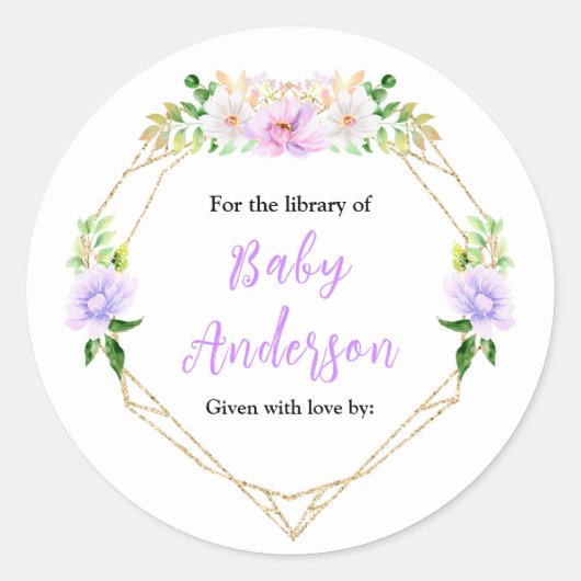 Spring Purple Floral Baby Shower Bookplate Ronde Sticker (Voorkant)