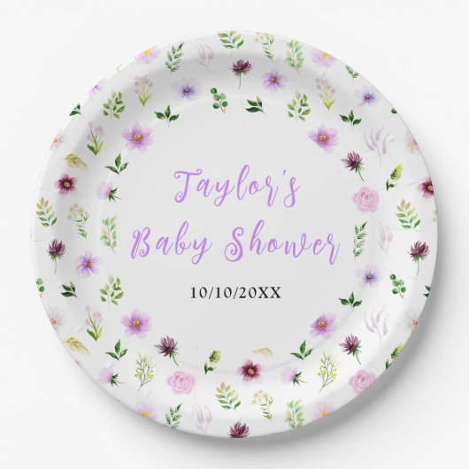 Spring Purple Floral Baby Shower Papieren Bordje (Voorkant)