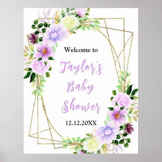 Spring Purple Floral Baby Shower Welcome Sign Poster (Voorkant)