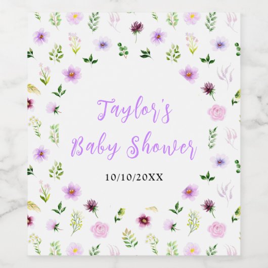 Spring Purple Floral Baby Shower Wijn Etiket (Enkel label)