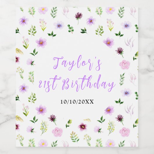 Spring Purple Floral Birthday Wijn Etiket (Enkel label)