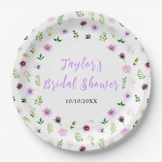 Spring Purple Floral Bridal Shower Papieren Bordje (Voorkant)