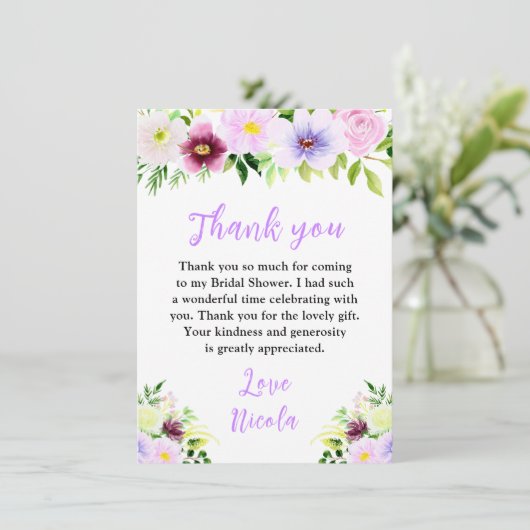 Spring Purple Flowers with Foliage Bridal Shower Bedankkaart (Staand voorkant)