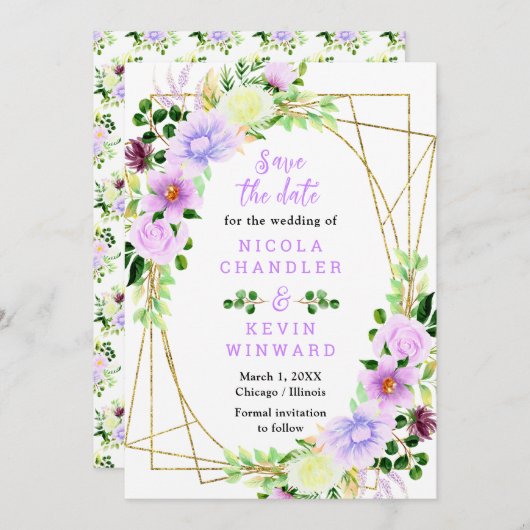 Spring Purple Flowers with Foliage Save The Date (Voorkant / Achterkant)