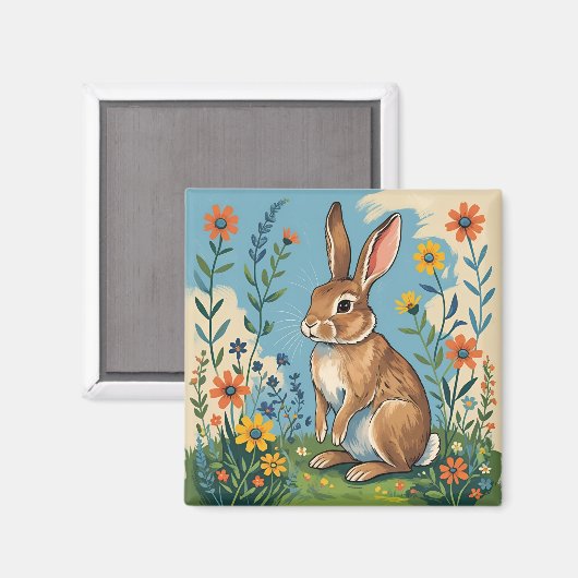 Spring Rabbit with Wildflowers Magneet (Voorkant / Achterkant)