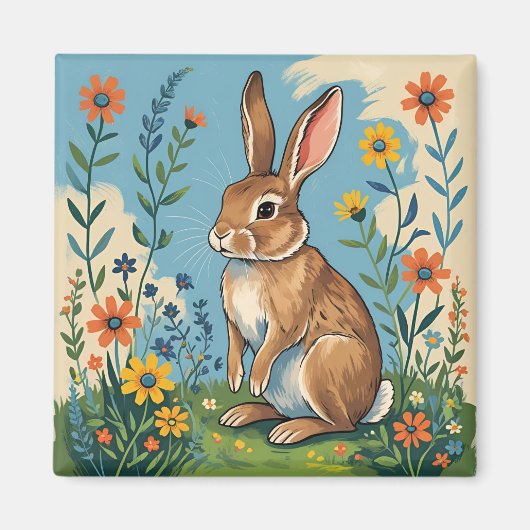 Spring Rabbit with Wildflowers Magneet (Voorkant)