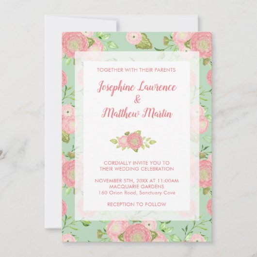 Spring Ranunculus Floral Mint bruiloft uitnodiging (Voorkant)