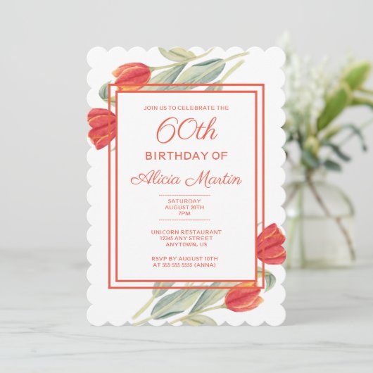 Spring Red Tulip Stijlvolle Flora 60e verjaardag Kaart (Staand voorkant)