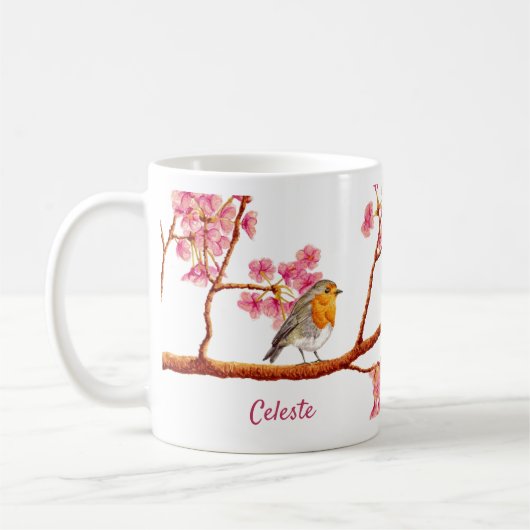 Spring Robin Bird Cherry Blossom Coffee Mok (Links)