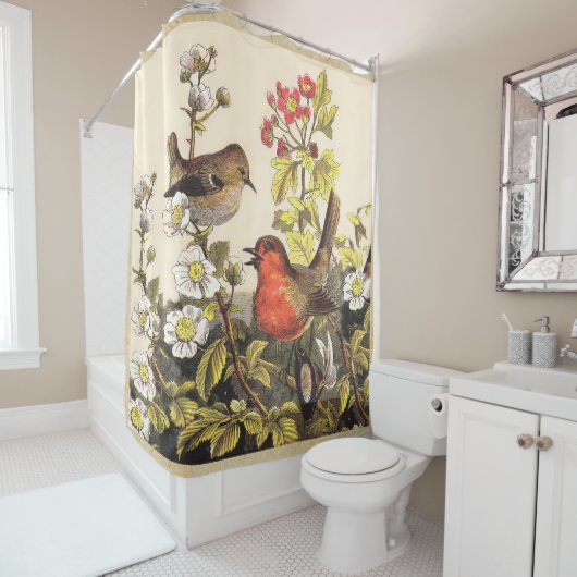 Spring Robin Birds Red Birding Douchegordijn (In situ)