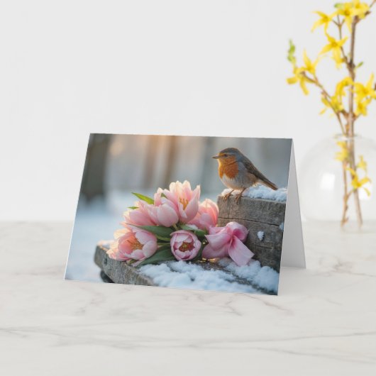 Spring Robin met roze tulpen Kaart (Gele Bloem)