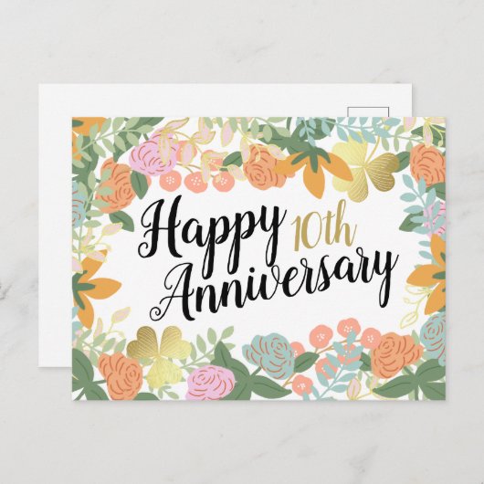 Spring Roos Bloom Clover Happy 10th Jubileum Briefkaart (Voorkant / Achterkant)