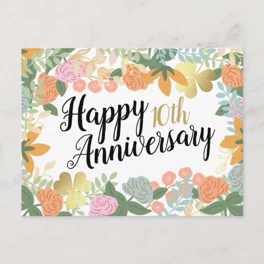 Spring Roos Bloom Clover Happy 10th Jubileum Briefkaart (Voorkant)