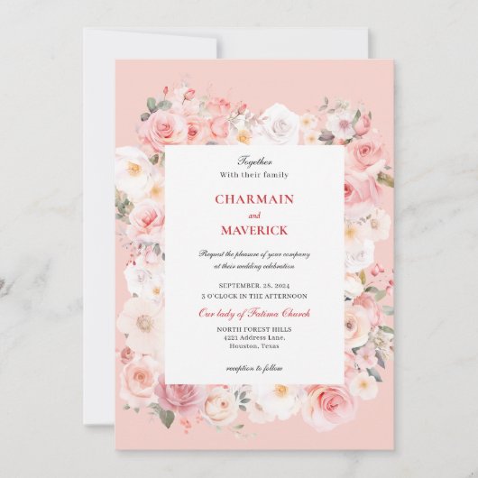 Spring Roos Blush Roze Lijst bruiloft Kaart (Voorkant)