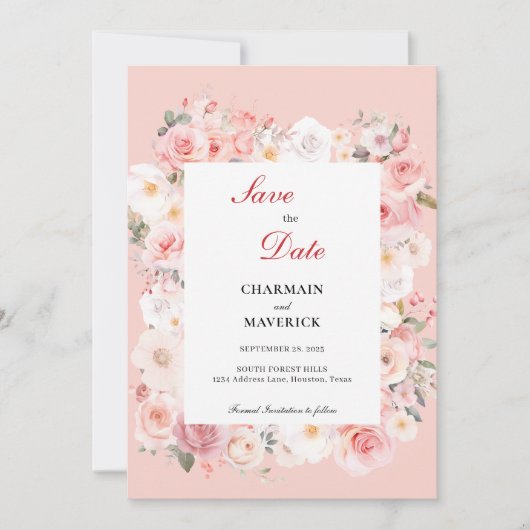 Spring Roos Blush Roze Lijst bruiloft Save The Date (Voorkant)