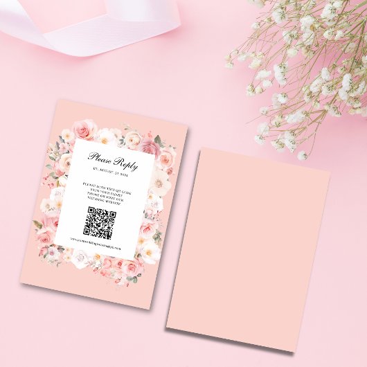 Spring Roos Blush Roze Lijst QR Code Huwelijk RSVP Kaartje