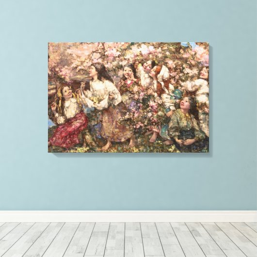 Spring Roundelay (door Edward Atkinson Hornel) Canvas Afdruk (Insitu (Houten vloer))