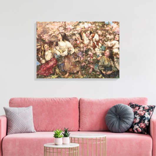 Spring Roundelay (door Edward Atkinson Hornel) Canvas Afdruk (Insitu (Woonkamer))