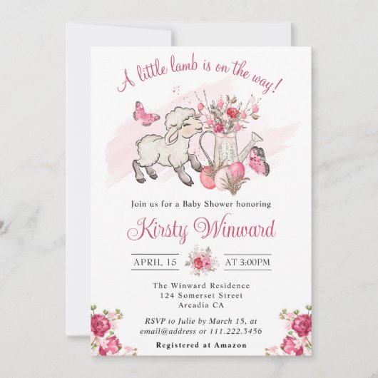 Spring roze bloemen en Cute Lamb Baby shower Kaart (Voorkant)