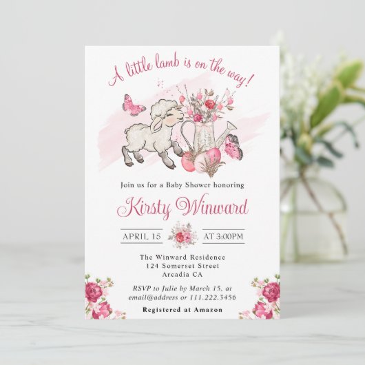 Spring roze bloemen en Cute Lamb Baby shower Kaart (Staand voorkant)