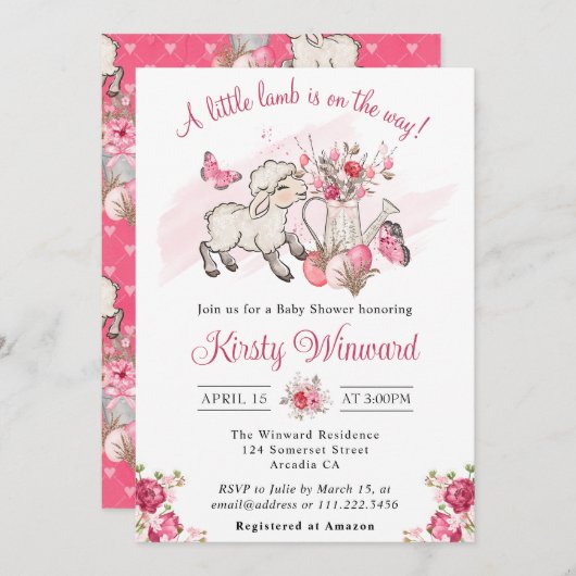Spring roze bloemen en Cute Lamb Baby shower Kaart (Voorkant / Achterkant)