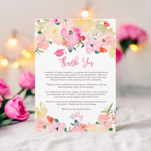 Spring roze boho chique tuin bloemig afstuderen bedankkaart