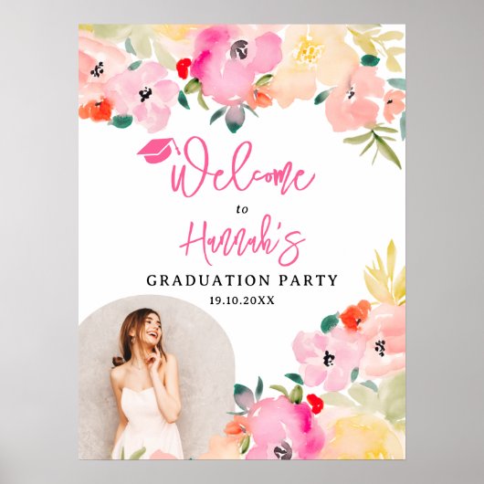 Spring roze boho tuin bloemig afstuderen welkom poster (Voorkant)
