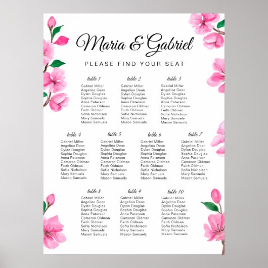 Spring roze Cherry Blossom Wedding Seding Chart Poster (Voorkant)