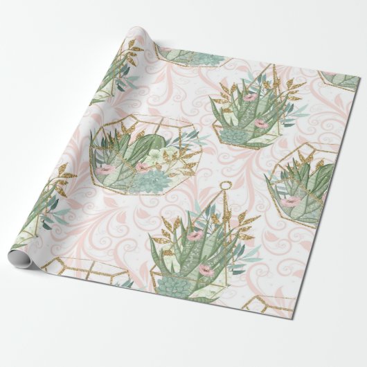 Spring roze en Mint Glitter Succulents Cadeaupapier (Uitgerold)