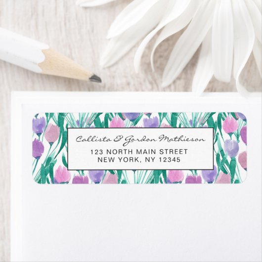 Spring roze Paarse Tulip Floral Waterverf Etiket (Insitu)