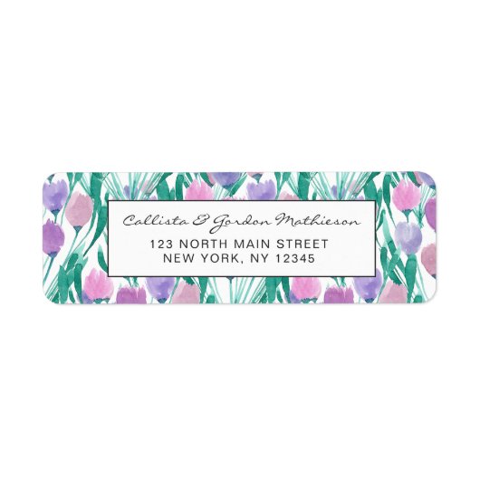 Spring roze Paarse Tulip Floral Waterverf Etiket (Voorkant)