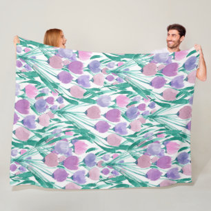 Spring roze Paarse Tulip Floral Waterverf Fleece Deken