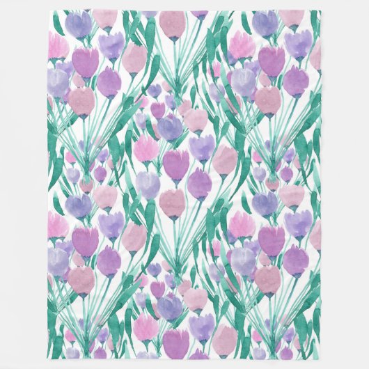 Spring roze Paarse Tulip Floral Waterverf Fleece Deken (Voorkant)