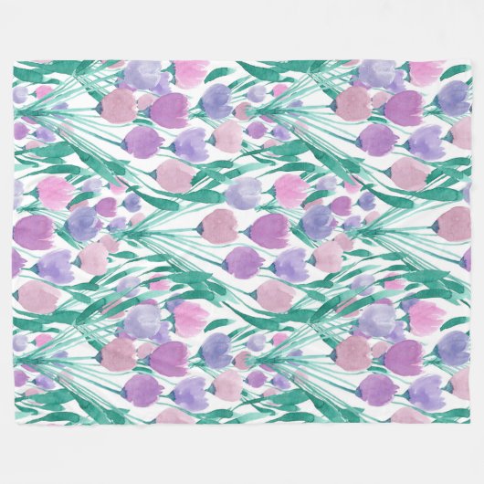 Spring roze Paarse Tulip Floral Waterverf Fleece Deken (Voorkant (Horizontaal))