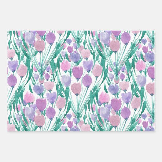 Spring roze Paarse Tulip Floral Waterverf Inpakpapier Vel (Voorkant 2)