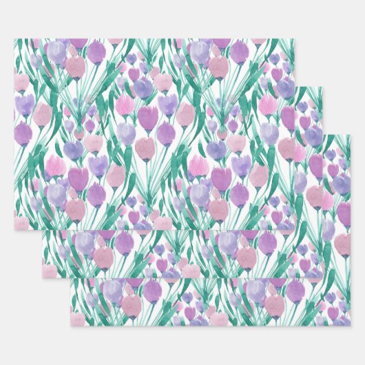 Spring roze Paarse Tulip Floral Waterverf Inpakpapier Vel (Set)