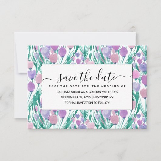 Spring roze Paarse Tulip Floral Waterverf Save The Date (Voorkant)