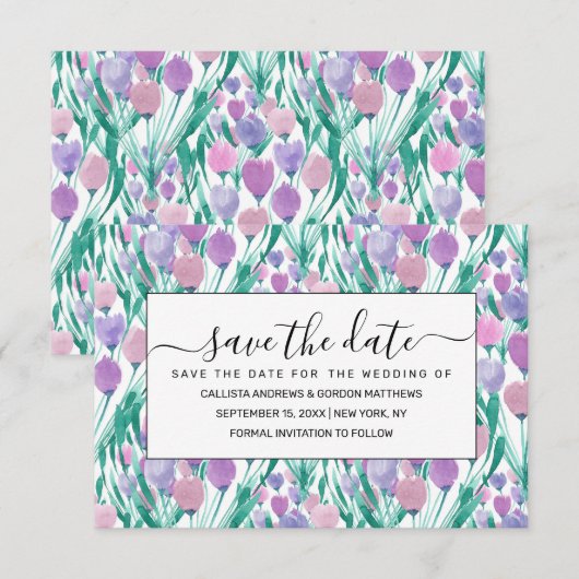 Spring roze Paarse Tulip Floral Waterverf Save The Date (Voorkant / Achterkant)