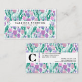 Spring roze Paarse Tulip Floral Waterverf Visitekaartje (Voorkant / Achterkant)