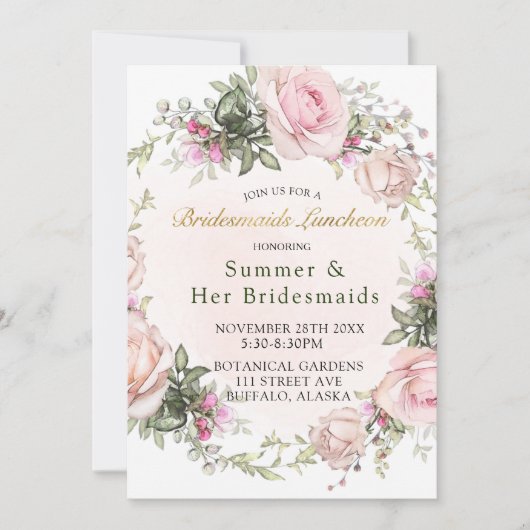 Spring roze Roses Peony Bridesmaids Luncheon Kaart (Voorkant)