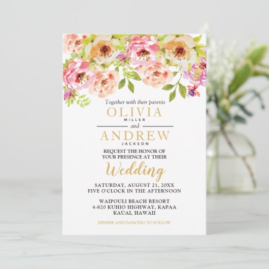 Spring Roze Sinaasappel Waterverf Flowers | Bruilo Kaart (Staand voorkant)