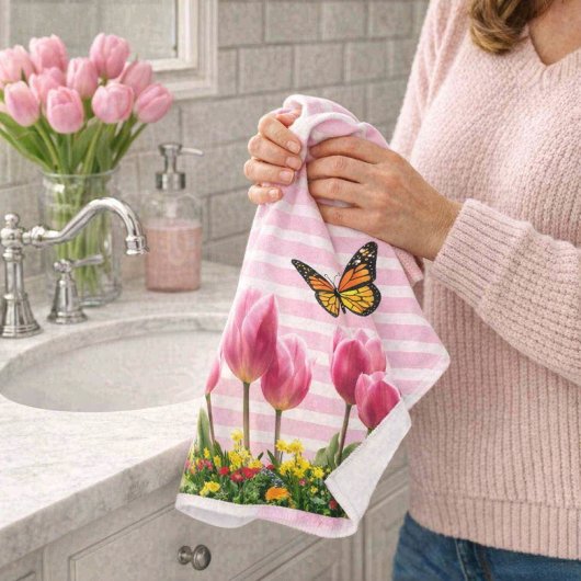 Spring roze Tulip Flowers Handdoek