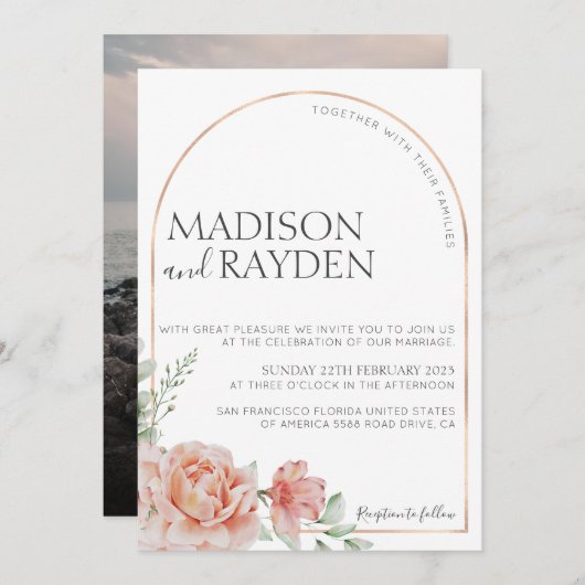 Spring Rustic Blush roze Floral met foto bruiloft Kaart (Voorkant / Achterkant)