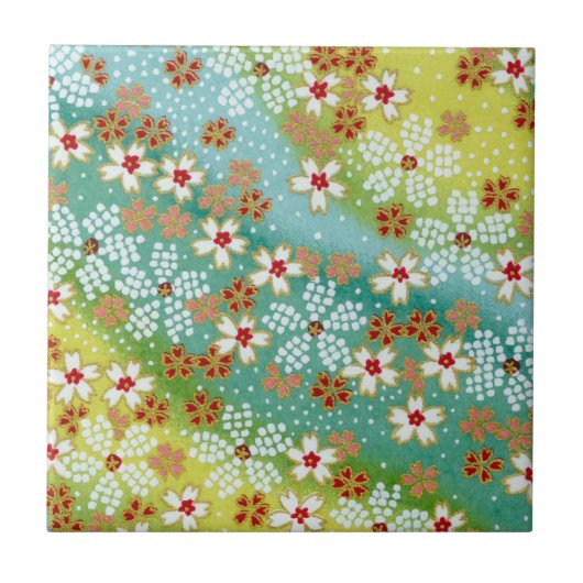 Spring Sakura Cherry Blossom Blue Yellow Origami Tegeltje (Voorkant)