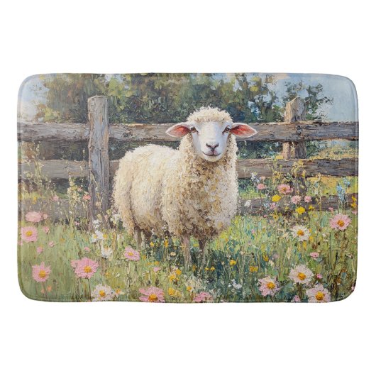 Spring Schaap met Wildflowers Schilderij Badmat (Voorkant)